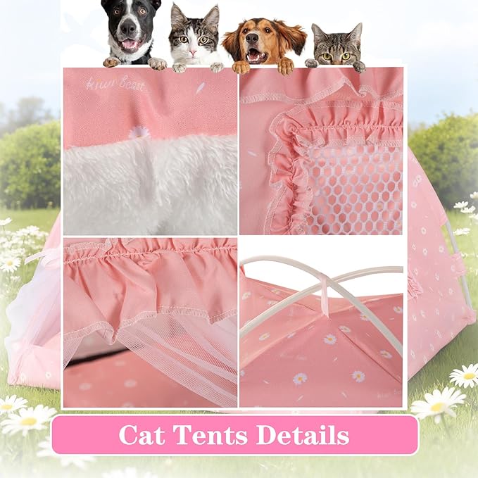 Cat Princess Indoor Tent House - Dog House Indoor/Outdoor Lace Mesh Breathable Windows Door Curtains Removable Portable Cave Nest Bed Bunny and Puppy (Pink, s)