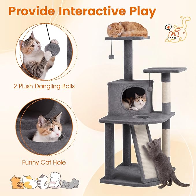 PETSITE 44-inch Multi-Level Cat Tree, Modern Cat Tower with Sisal Scratching Posts, Cozy Condo, Playful Cat Hole, Sisal Covered Ladder, and Dangling Ball, Ideal for Indoor Cats and Kittens (Grey)