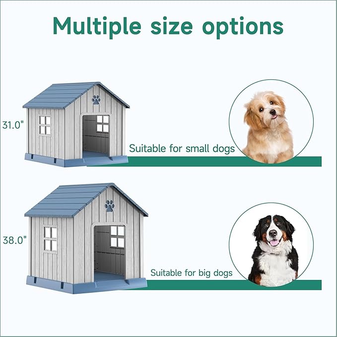 VIXZEN Dog House Outdoor, 38 Inches Weatherproof Resin Dog House Indoor Large with Air Vents & Elevated Floor, Doghouse Outdoor for Large Dogs, Easy Assembly, Versatile Storage Functionality (Blue)