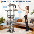 74" Tall Cat Tree,Large Cat Tree for Big Cats,Cat Tower with Scratching Posts, Condo, Perches, Hammock, Tunnel & Feeding Station,Deep Gray