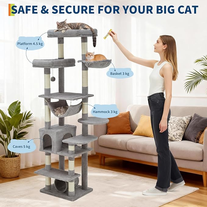 74" Tall Cat Tree for Large Cats with Scratching Posts, Condo, Perches, Hammock, Tunnel & Feeding Station