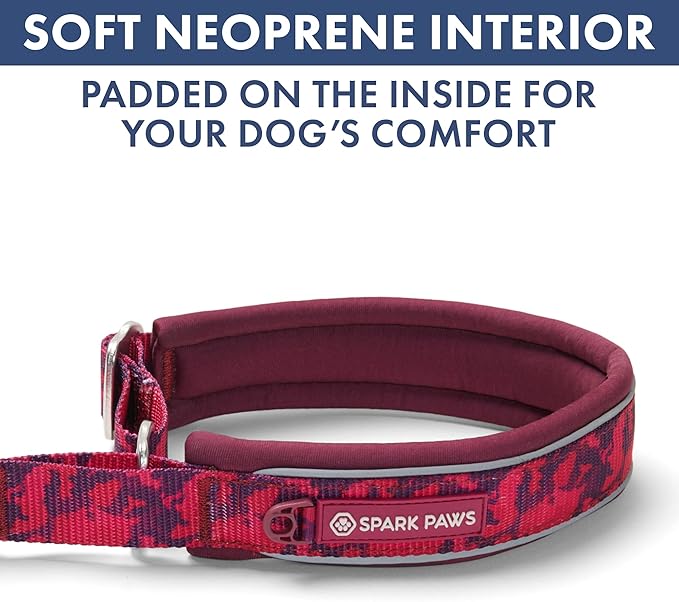 Spark Paws Martingale Dog Collar – Cushioned Slip-On Training Collar, Heavy Duty, Safety-Tested No-Buckle Collar for Medium & Large Dogs - Fuchsia Camo - B
