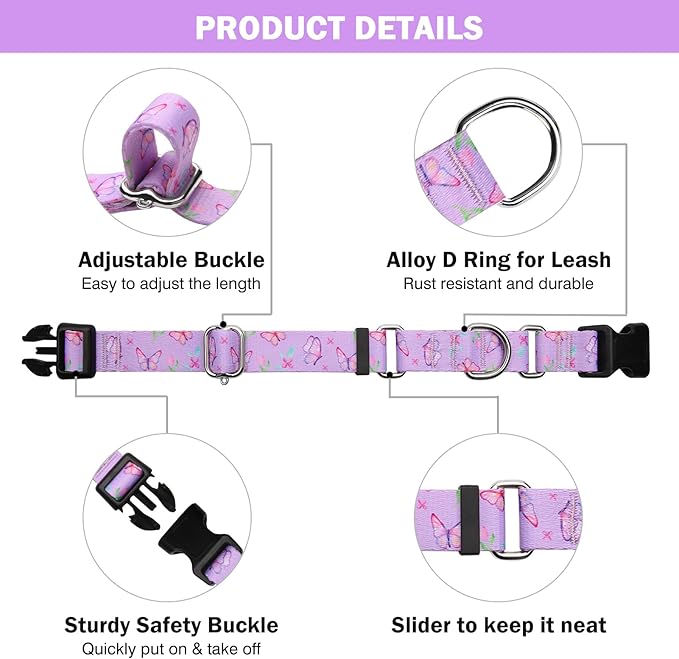 Hikiko Martingale Collar for Dogs Purple Butterfly Nylon Dog Collars with Buckle for Cute Girl Small Medium Large Dogs（Purple Butterfly,Medium）
