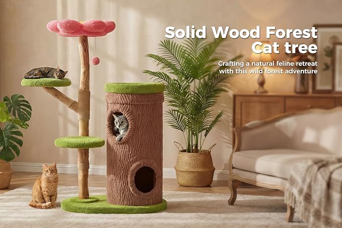 PETEPELA Modern Cat Tree for Indoor Large Cats with Flower Perch, 53.5" Forest Cat Tower with Solid Wood Scratching Posts & 2 Spacious Condos,Heavy Duty Cat Furniture for Multi-Cat Household