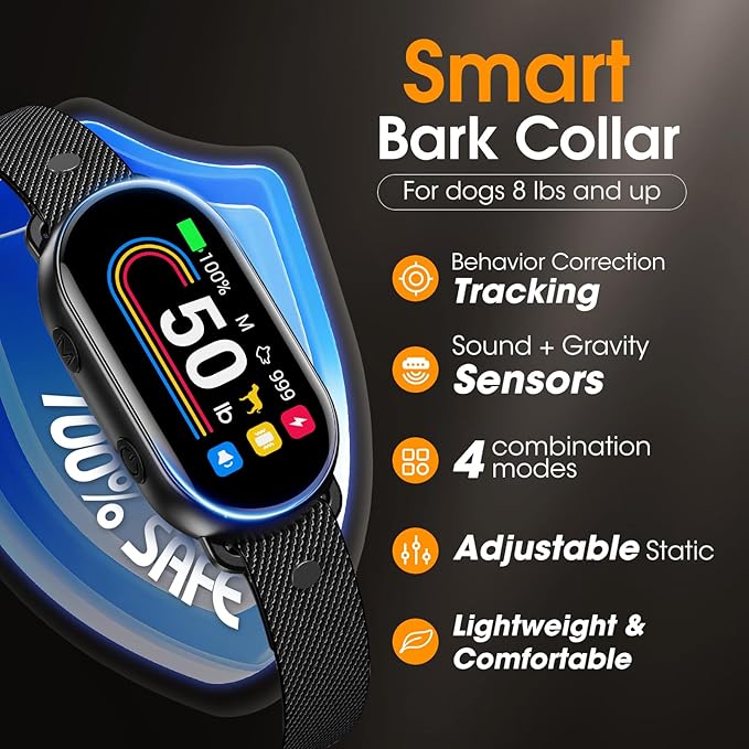 Dog Bark Collar for Small Medium Large Dogs 10-100lbs, Automatic Bark Device with Anti-False Trigger & Bark Count Tracking, 4 Training Modes and 8 Sensitivity to Effectively Stop Barking, Black