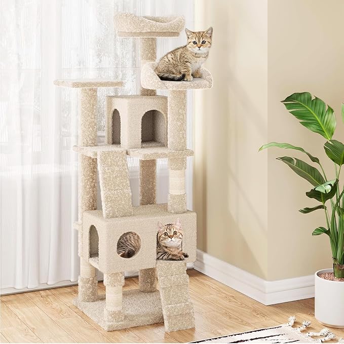 63 Inches Multi-Level Cat Tree Tower with Condo, Plush Perches, Scratching Posts, Hammocks, and Play House, Beige