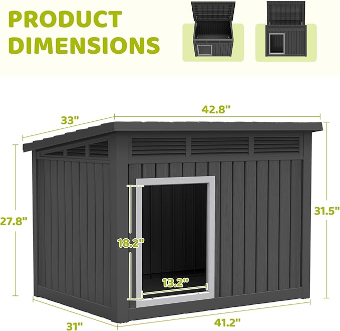 Bifanuo Dog House Outdoor Indoor for Large Dog - Weatherproof & Removable Roof, Easy Assemble and Clean for Medium to Large Dogs(Black, 41.2" L x 31" W x 31.5" H)