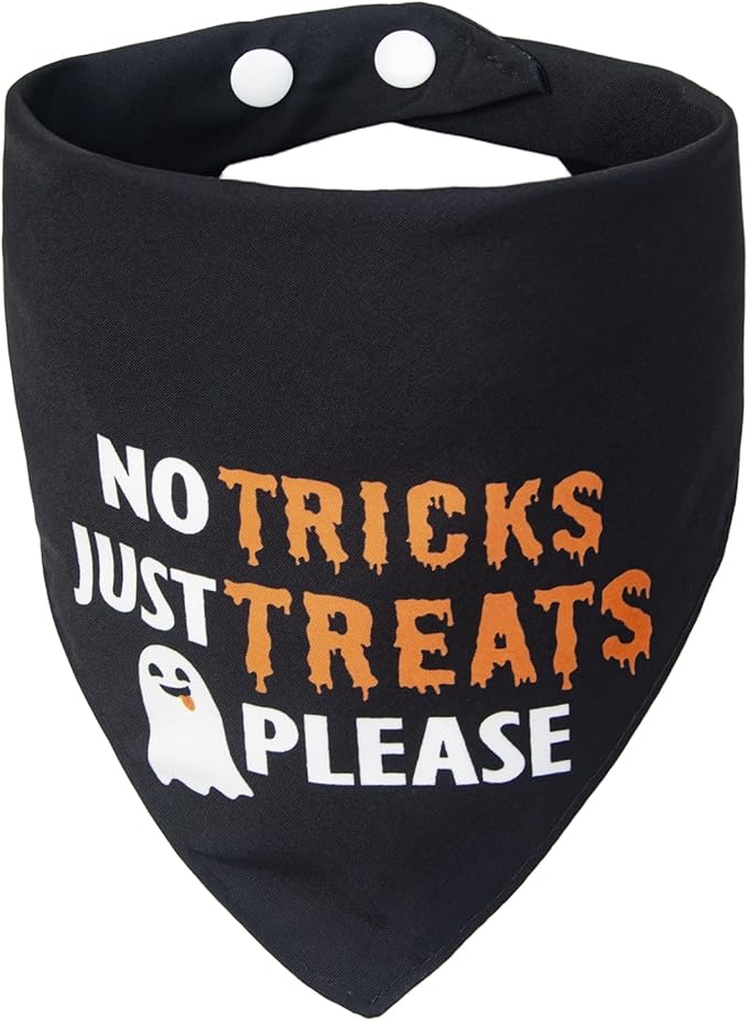 Halloween Dog Bandanas Costumes - No Tricks Just Treats - Slogan Printed Holiday Pet Bandana Snap Button Triangle Scarf, 30-75lbs, Medium and Large Breed