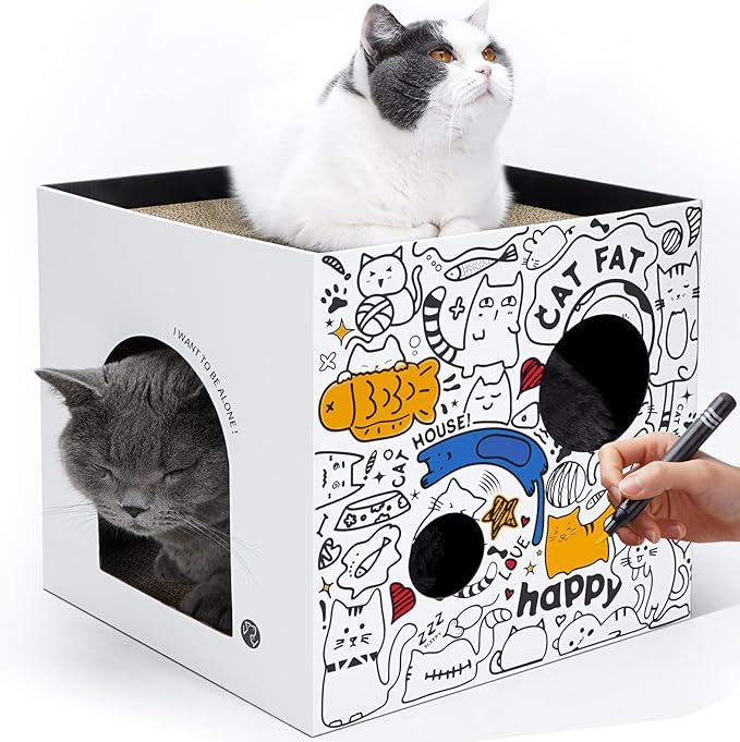 Cardboard Cat House with 2 Story Scratch Pads - Cat Play House for Indoor Cats - Corrugated Scratcher Box - Hideout for Small Animals