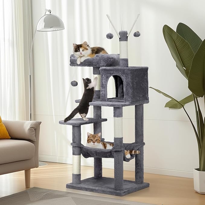 57" Cat Tower for Indoor w/Cat Toy Balls, Modern Cute Cat Tree for Cats Kittens, Multi-Level Cat Activity Tree w/Scratching Posts, Cat Cave Condo,for Indoor Cat Kitty as Pet Play House Activity Center