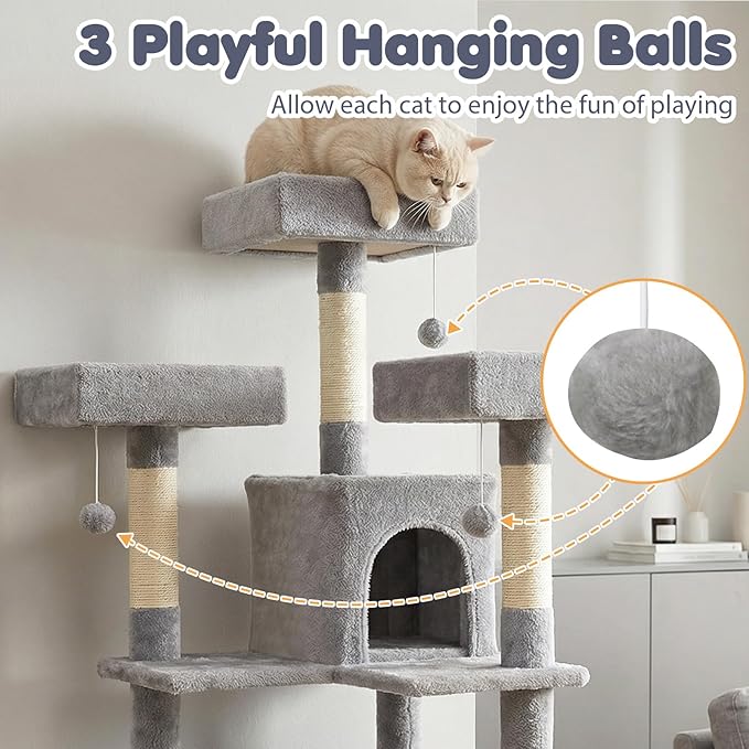 Tangkula 65 Inch Tall Cat Tree, Multi-Level Cat Tower with Sisal Scratching Posts & Board, 2 Condos, 3 Plush Top Perches, Adjustable Basket, 3 Hanging Balls for Indoor Cats (Gray)