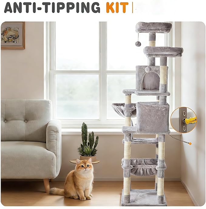 71in Extra Large Cat Tree Tower, Multi-Level Tall Cat Tower with Scratching Post/Hammock/Plush Condo/Pompoms/Wide Base, Heavy Duty Cats Tree for 20lb+ Large Adult Cats/Kittens, Light Grey