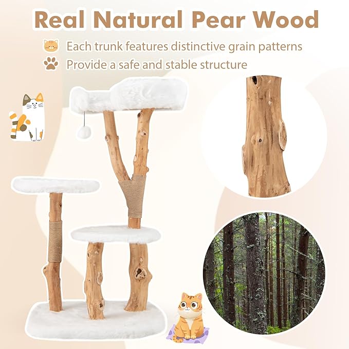 Tangkula Solid Wood Cat Tree, Modern Wooden Cat Tower with Perch, Jute Scratching Posts, Dangling Ball, Soft Long Plush, Luxury Cat Condo, Natural Branch Cute Cat Tree for Indoor Cats