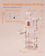 Feandrea Cat Tree, 66.1-Inch Large Cat Tower, Multi-Level Plush Condo with 13 Scratching Posts, 2 Perches, 2 Caves, Basket, Hammock, Pompoms, Jelly Pink UPCT165P01