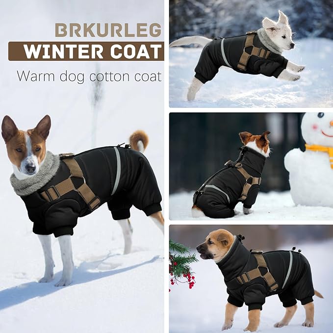 BRKURLEG Black Dog Coat with Harness, Dog Winter Jacket, Dogs Onesie Body Warm Jackets, Small Dogs Winter Coats Reflective Windproof Warm Cold Weather Coats, Pet Waterproof Jacket Hiking M
