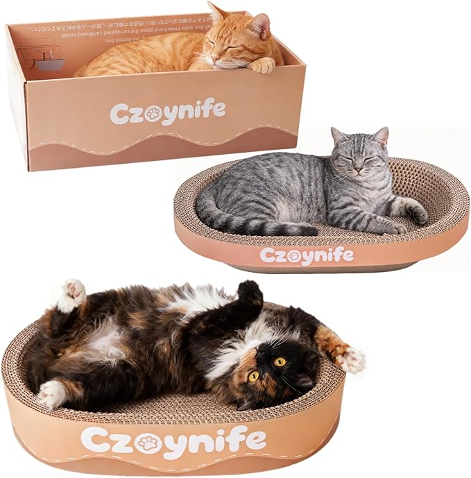 3PCS Cat Scratcher Bed, Oval Cat Scratcher Pad Bowl Nest for Indoor Cats, Round Cat Scratching Cardboard, Furniture Protector for Couch, for Kittens (Brown, 17 * 11.5 in)