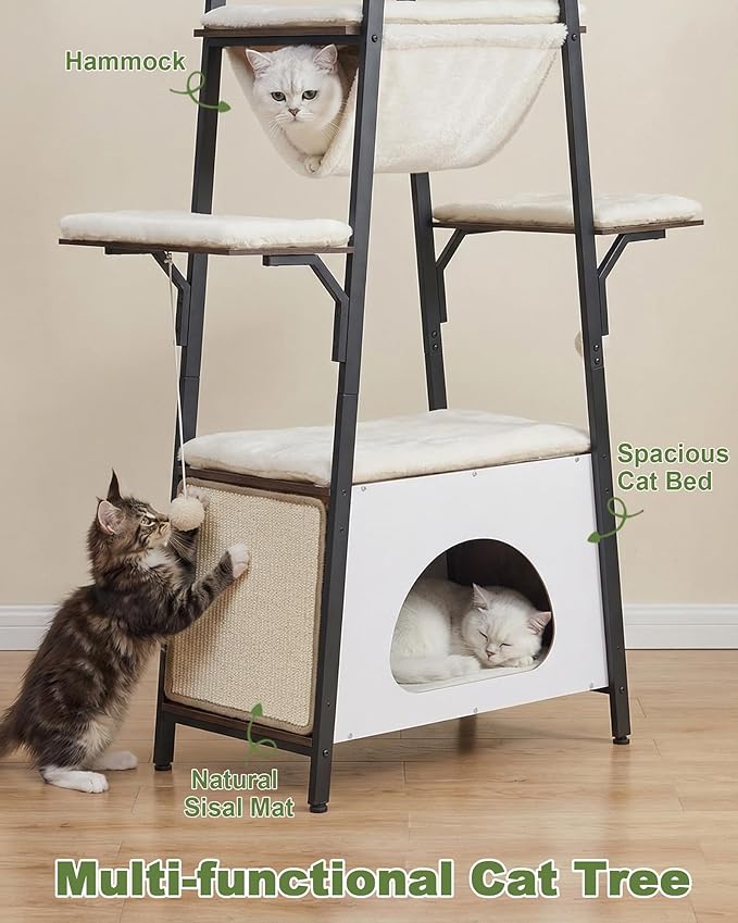 74-Inch Modern Cat Tree Tower for Large Cats, Multi-Level Cat Tower with Scratching Board, Large Perch, Hammock, Removable Pads, White