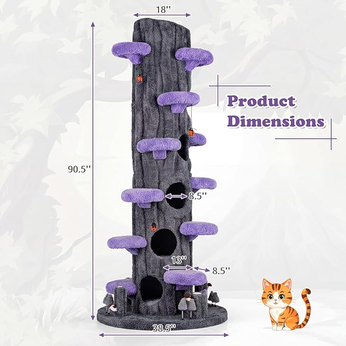 PETSITE 90.5-inch Tall Cat Tree, Tree-Like Modern Cat Tower with Sisal Scratching Pad, Five Cat Condos, Cute Hanging and Spring Toys, Large Cat Tree Tower for Indoor Cats (Purple)