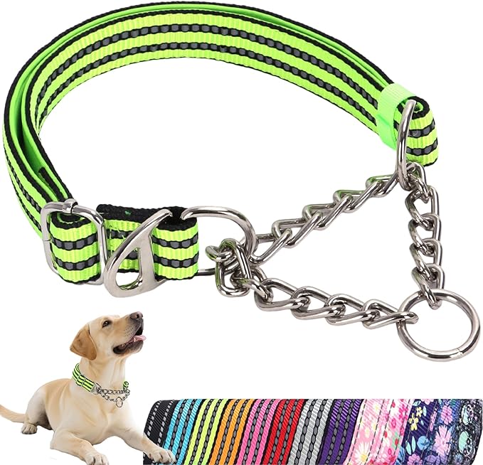 Reflective Martingale Dog Collar - Heavy Duty no Pull Dog Collar with Dual D-Rings, Adjustable Choke Chain Collar with Soft Padded Training Collar for Large/Medium/XL Dogs (Green L)