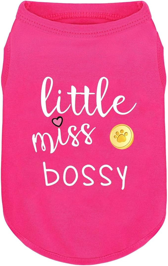 Pink Cotton Dog Shirt with 'Little Miss Bossy' Print, Soft & Breathable Pet Apparel for Small to Large Dogs, All-Season Sleeveless Vest, Cute and Comfortable Dog Outfit.Pink Gold XS