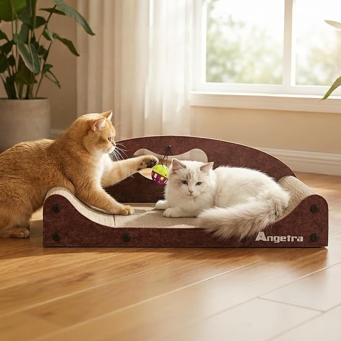 21" Cat Scratcher Bed, Scratcher Couch for Indoor Cats, Cardboard Scratcher Sofa, Durable Scratch Pad with Ball & Catnip, Furniture Protector (Brown, Medium)