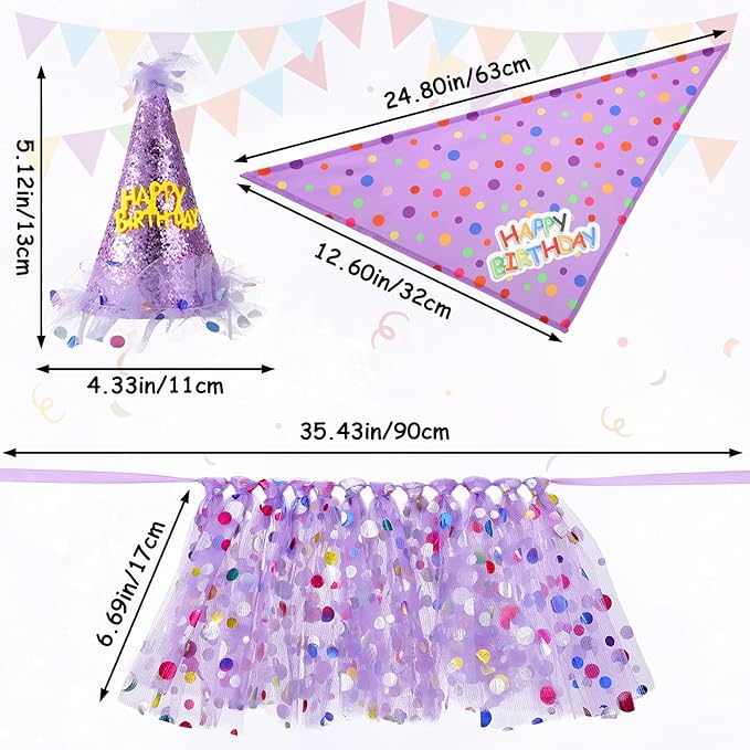 2 Pack Dog Birthday Dress Girl Dog Birthday Bandana with Hat and Dress Girl Set Puppy Party Supplies, Cute Tutu Skirt Outfit for Small Medium Large Dogs Decorations (Purple)