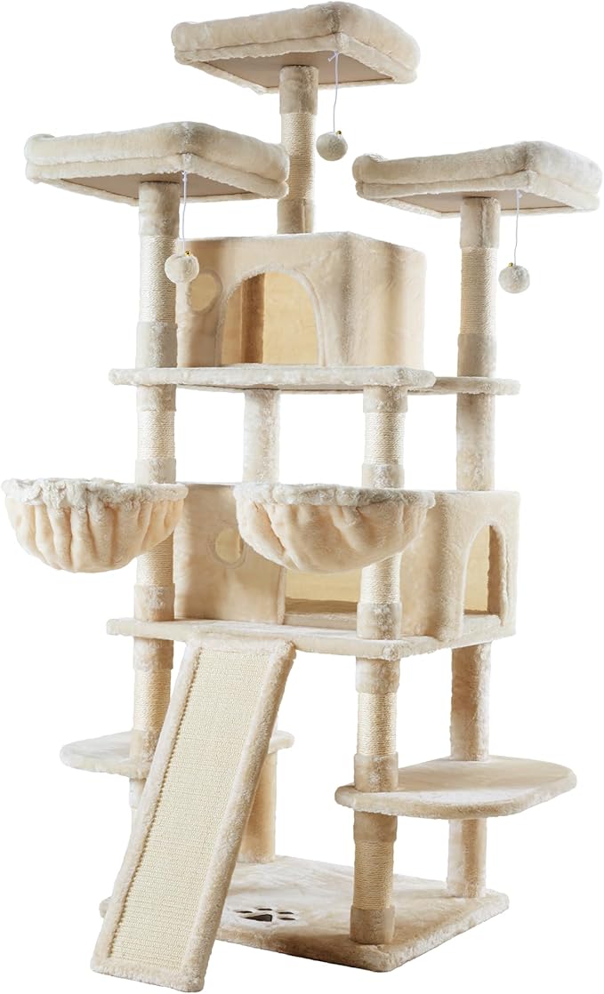 IMUsee 68 Inches Multi-Level Large Cat Tree for Large Kitties/Big Cat Tower with Condo/Cozy Plush Perches/Sisal Scratching Posts and Hammocks/ ‌Feline Activity Center Play House/Beige