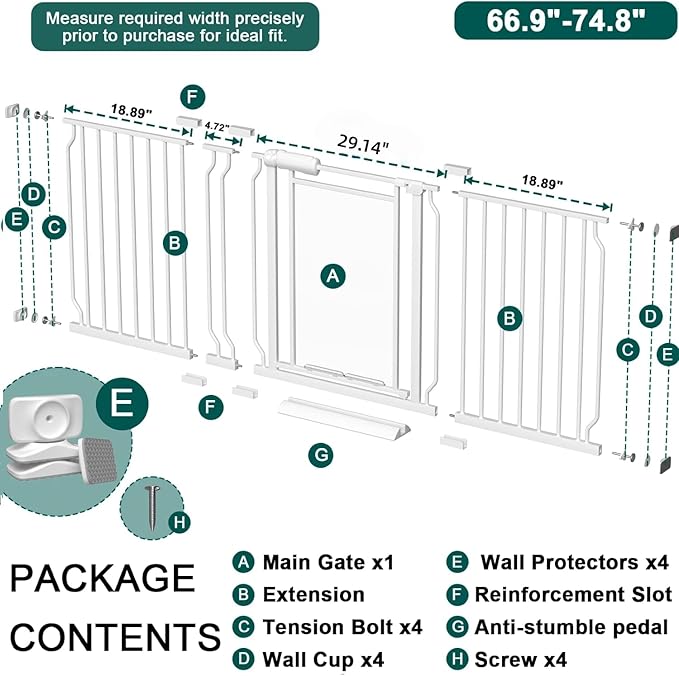 TSAYAWA Triple-Lock Acrylic Extra Wide Baby Gate 66.95"-74.8", Crystal Clear Transparent Pet Gate for Dogs, Heavy Duty Metal Gate for Doorways, Pressure Mount Child Safety Barrier, Auto Close, White