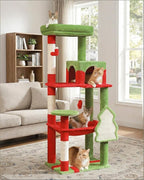 Cat Christmas Tree for Indoor Cats – 56.3“ Cat Proof Christmas Tree Tower with Large Hammock, 3 Scratching Posts & 3 Christmas Toy Balls – Holiday Cat Tree with Festive Decor, Christmas Red
