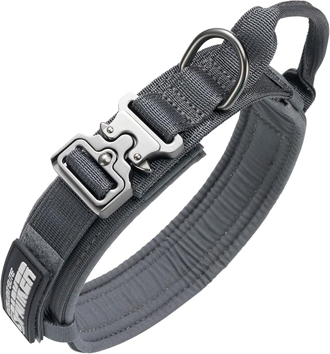 EXCELLENT ELITE SPANKER Tactical Dog Collar Nylon Adjustable Training Collar Military Dog Collar Heavy Duty Metal Buckle with Control Handle for Medium and Large Dogs with Patches (Grey-XL)