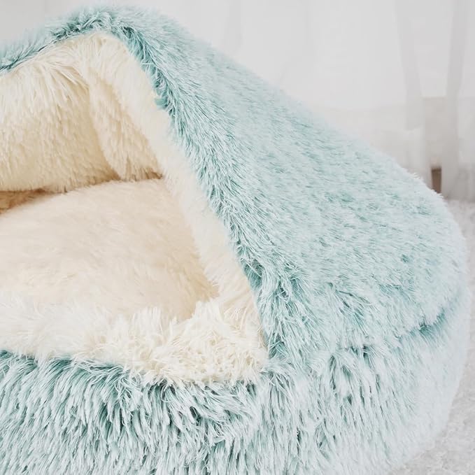 Cat Bed Round Fluffy Hooded Cat Bed Cave, Anti-Anxiety Cave Bed with Hooded Blanket, Cozy Cuddler Luxury Puppy Pet Bed, Anti-Slip Bottom and Machine Washable (Green, Large)