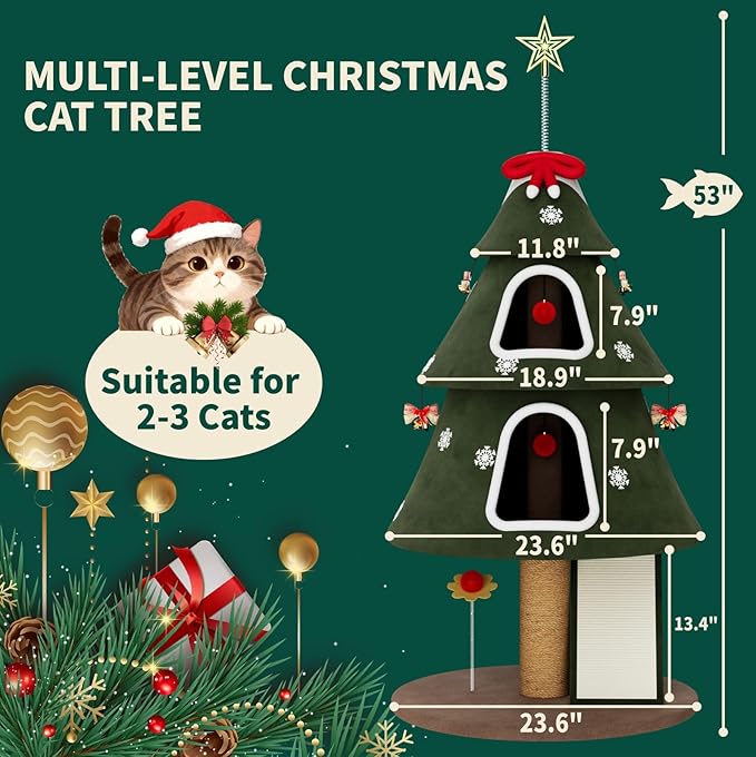53" Large Christmas Cat Tree Tower: Indoor Green Heavy Duty Cat Condo House with Scratching Post & Toys for Xmas Decorations