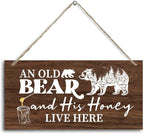 Funny Animal Theme Wood Decor Sign, Old Bear and His Honey Live Here, Hanging Printed Wooden Plaque Décor, Vintage Wall Decoration, Bear Hanging Wall Art, Bedroom Décor Sign 12x 6inch