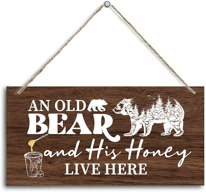 Funny Animal Theme Wood Decor Sign, Old Bear and His Honey Live Here, Hanging Printed Wooden Plaque Décor, Vintage Wall Decoration, Bear Hanging Wall Art, Bedroom Décor Sign 12x 6inch