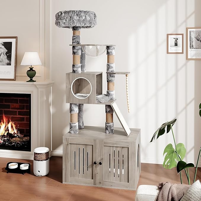 Cat Litter Box Enclosure with Cat Tree Tower and Condo, Hidden Cat Washroom Furniture with Sisal Scratching Post and Soft Plush Perch, Wooden Cat Furniture with Multiple Platforms