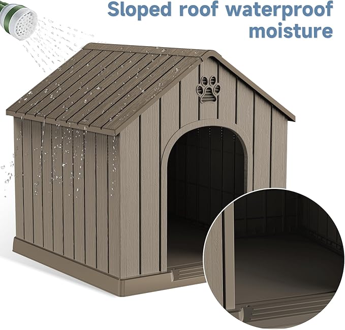 Small Dog House Indoor，Weatherproof Resin Outdoor Dog House with Elevated Floor and Air Vents, Medium Small Dog Kennel Outside (Light Grey, 26.26" L×24.57" W×25.83" H)