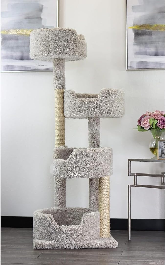 Maykoosh Rustic Romance Large Cat Stairway Neutral Color Solid Wood Cat Playground, Modern Multi-Level Cat Tree Tower for Indoor Cats, 20" L x 20" W x 55" H Beige