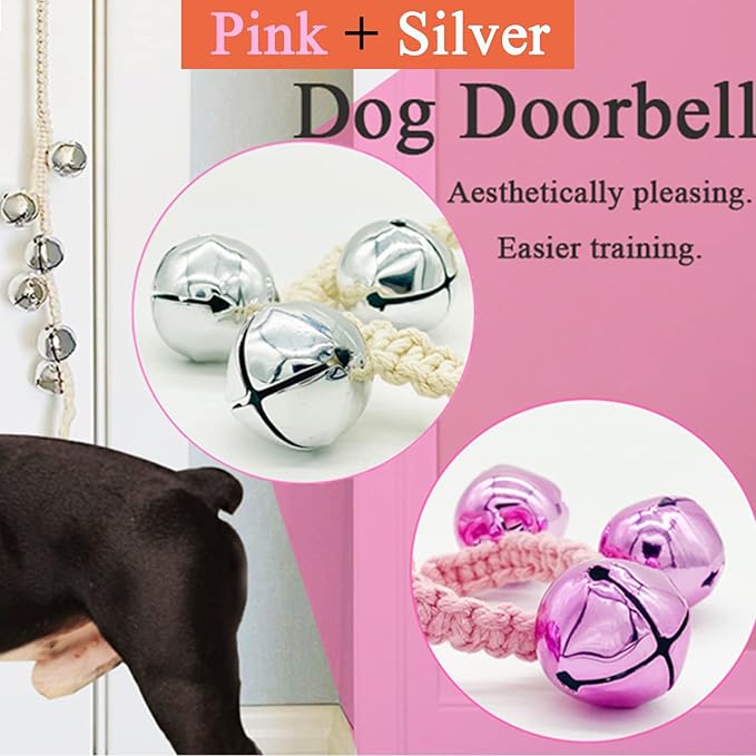 Dog Hanging Doorbells| Extra Loud Dog Potty Training Bells| Adjustable Durable Braided Rope Door Bell for Dogs to Ring to Go Outside(Silver+Pink)