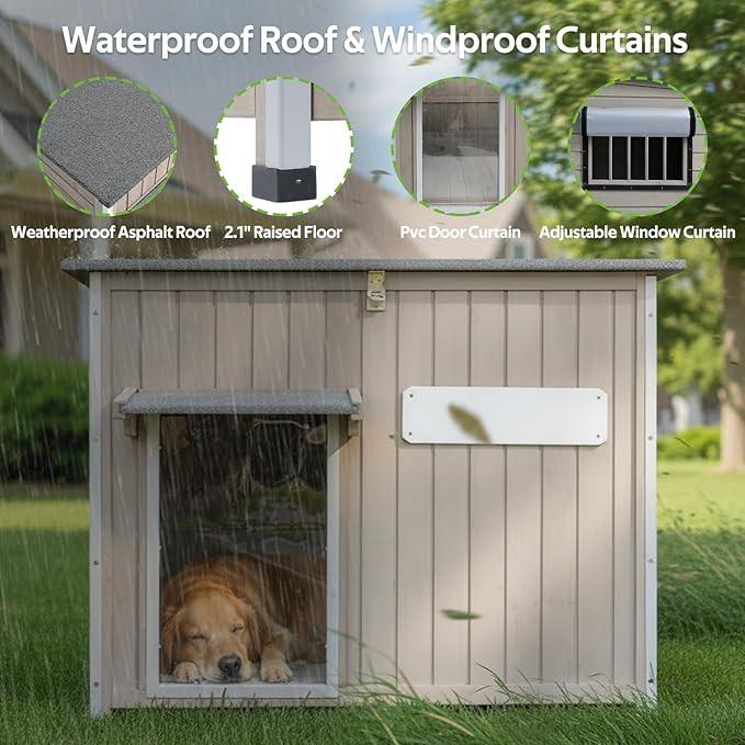 Dog House Indoor Outdoor, Weatherproof Wooden Dog House for Medium/Large Dogs, Chew-Proof Frame, Vent Window & Elevated Floor, Openable Roof, Easy to Assemble & Clean, Gray 43.3" L×29.5" W×33.5" H