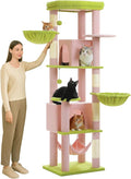 Flower Cat Tree for Large Indoor Cats, 71.2-Inch Tall Multi-Level Cat Tower with Scratching Posts, 3 Soft Hammocks, 2 Large Condos, Super Big Perch & Pompoms for Multi-Cat Households, Pink