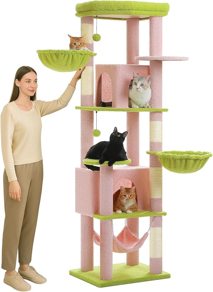 Flower Cat Tree for Large Indoor Cats, 71.2-Inch Tall Multi-Level Cat Tower with Scratching Posts, 3 Soft Hammocks, 2 Large Condos, Super Big Perch & Pompoms for Multi-Cat Households, Pink