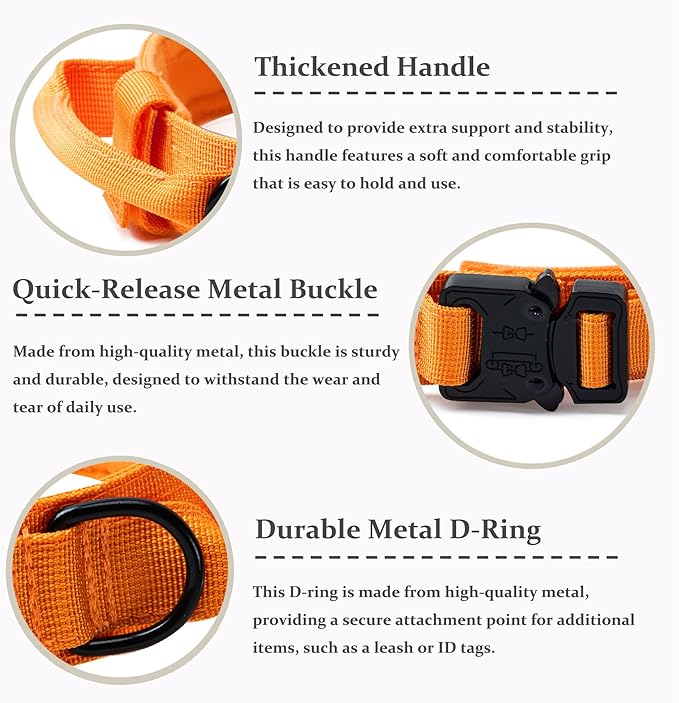 Tactical Dog Collar, Adjustable Military Training Nylon Dog Collar with Control Handle and Heavy Quick-Release Metal Buckle for Small Medium Large Dogs, Orange S