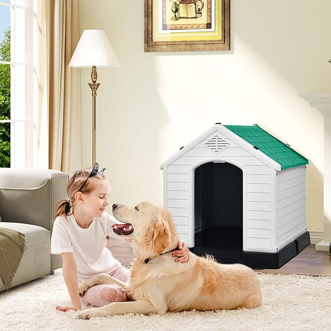 DWVO Large Outdoor Dog House, Plastic Doghouse with Air Vents and Ground Nails, Insulated Puppy Shelter for Small Medium Dogs (41''L x 38''W x 39''H, Green)