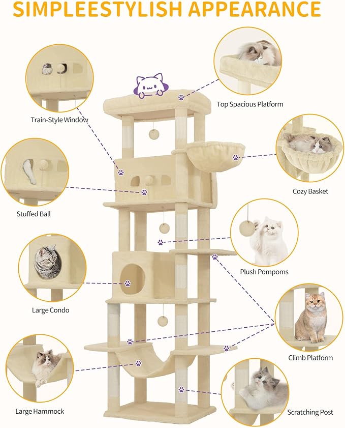 Cat Tree, 82.6" Large Cat Tower for Indoor Cats, Multi-Level Cat House with Condo, 8 Scratching Posts, Hammock, 4 Pom Poms, Beige MS21018YL