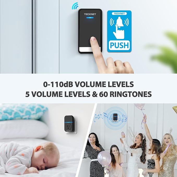 TECKNET Wireless Doorbell, Plug-through Door Bell, IP66 Waterproof Doorbells, 1300ft Cordless Rang Door Bell Ringer Wireless, 60 Ringtones & 5 Level Volume, 0-110 dB Doorbell Chime for Home/Classroom