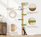 Floor to Ceiling Cat Tree for Kittens, Wall Mounted Cat Wall Furniture with Green Plush Pads, 5 Platform Wild Simulation Climbing Tower, Adjustable Height