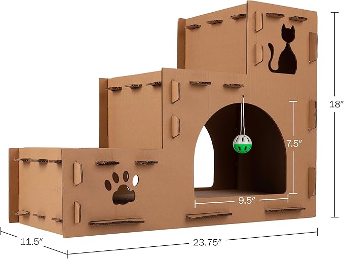 Cat House - Cardboard Cat House with Scratching Pads, Toys, and Catnip - 3-Story Cat Houses for Indoor Cats, Kittens and Small Animals by PETMAKER
