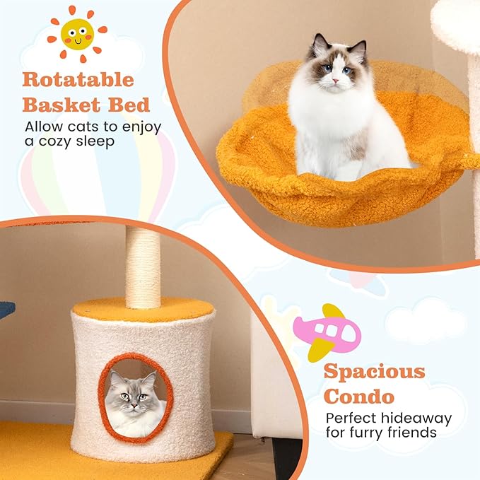 PETSITE 70 inch Tall Aviation-Themed Cat Tree Tower, Multi-Level Cute Cat Tower with Sisal Scratching Posts, Helicopter Top Perch, Basket Bed, Tunnel, Climbing Ladder, and Star-Shaped Hanging Toys