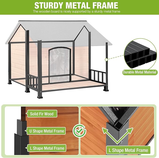 GUTINNEEN Extra Large Heated Dog House Outdoor Insulated Dog House XXL Weatherproof Chew-Proof Metal Frame Dog Kennel with Thermostat-Controlled Heating Pad, 6-Sided Thermal Liner for Large Dog Breeds