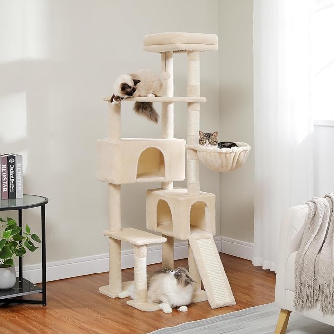 PEQULTI 60'' Cat Tree, Tall Cat Tower with 2 Large Condos, Wide Top Perch, Cozy Hammock and Sisal Scratching Posts for Indoor Cats Lare Adult Beige